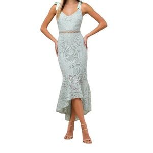NWT Lulus Won Your Heart Sage Green Lace Tie-Strap High-Low Midi Dress • XL